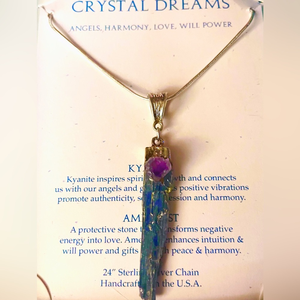 Gorgeous Amethyst and Kyanite Gemstone Necklace with 24” Sterling Silver Chain.